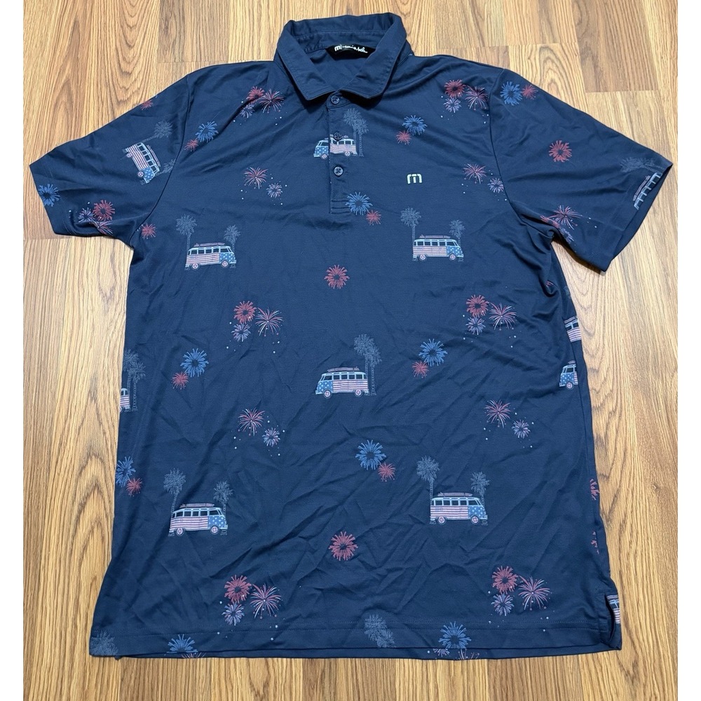 TravisMathew Polo Mens Extra Large Golf Patriotic Fireworks Surf Van Print